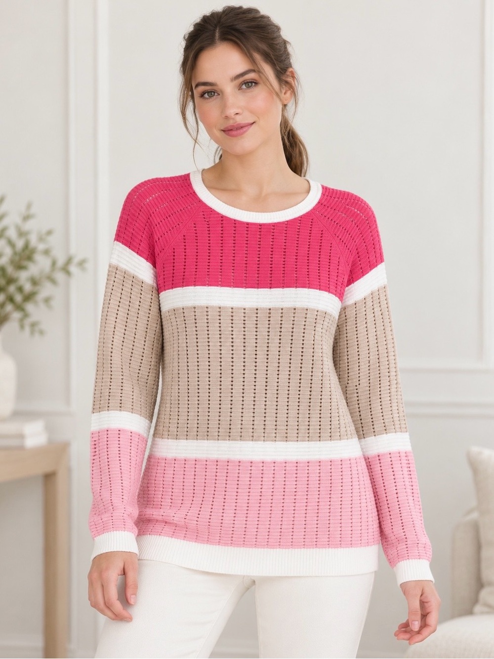 Calvin Klein Knit Sweater Color Block Long Sleeves Crew Neck Pullover Crew Neck